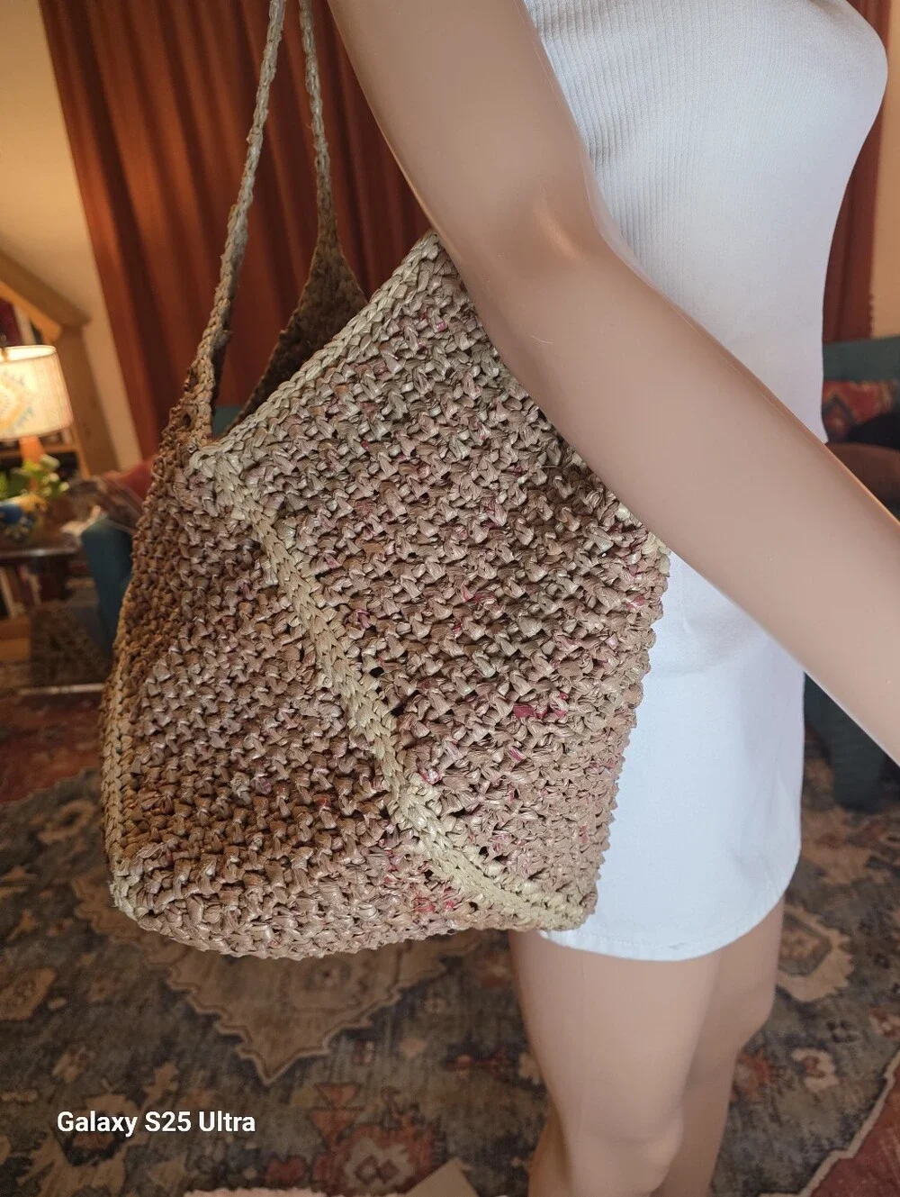 Upcycled Woven Plarn Tote Bag Eco-Friendly Boho Double Strap Shoulder Bag